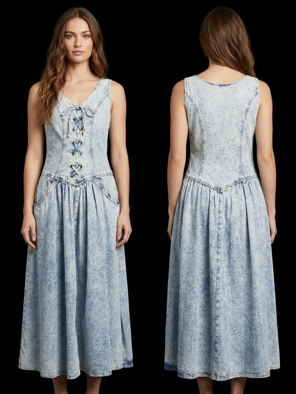 Light Blue Denim Lace-Up Midi Dress by